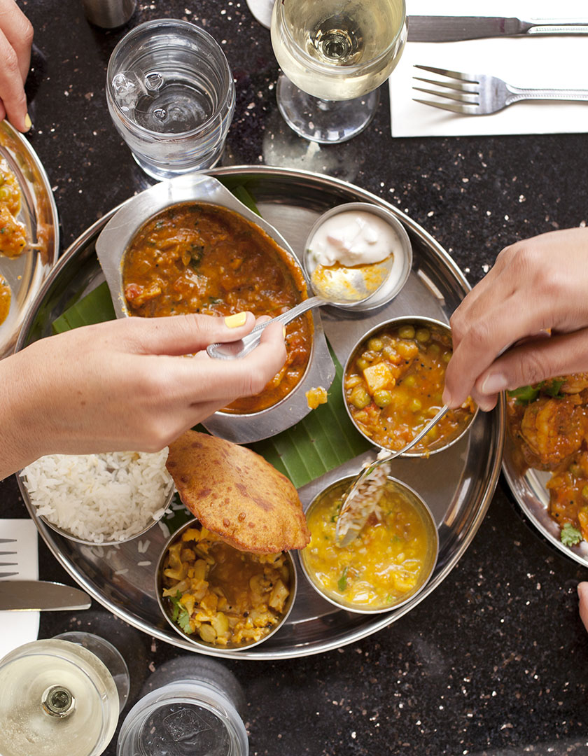 People dining together at a table.